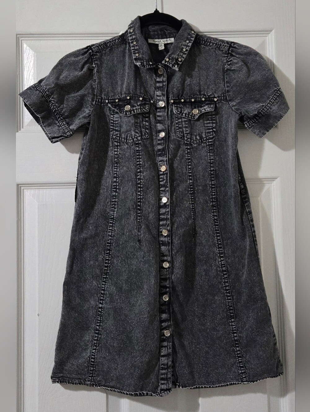 Kids’ Acid-Wash Black Denim Button-Front Dress